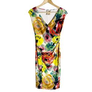 Fuzzi Watercolor Multi Floral Print Ruched Faux Wrap Cocktail Dress Size Medium